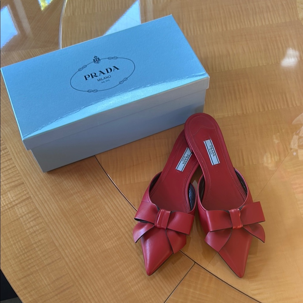 Prada Red Satin Bow Mules